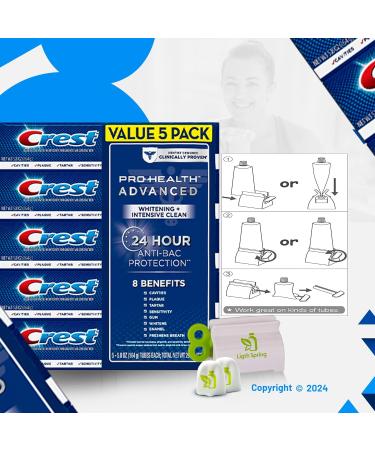 Crest Pro-Health Advanced White Toothpaste (5.8 oz 5 pk) - Teeth Whitening Kit with Gift Bundle: Smile Light Spring Guide Squeezer & No-Mess Caps | International Shipping Available - Buy Online on GoSupps.com