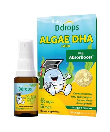 Ddrops Baby Algae DHA + ARA - 30 Sprays - Omega Essential Fatty Acids Support Brian and Eye Development - No Artificial Preservatives Flavors or Colors