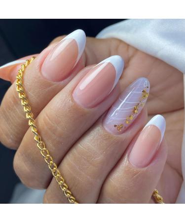 Mrcuvaryas Almond Press on Nails Kurz French White Glossy Fake Nail Short Sheer single -colored artificial false nails to stick on with nail glue 24 pieces of almond artificial fingernails for women white lines