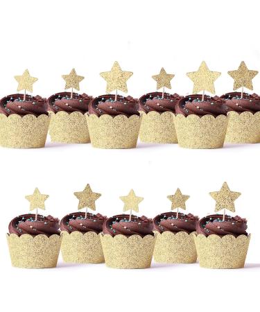 PACK of 24pcs Star Shaped Toppers in Gold Glitter Glitter Cake Decorationg Toppers Start Toppers for Birthday New Years Wedding Cake Decoration Birthday Cupcake Toppers - Buy Online on GoSupps.com