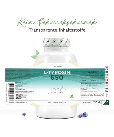L-Tyrosine - 365 Vegan Capsules - Extra Heavily Dosed with 1300mg per Daily Serving - Pure Amino Acid from Plant Fermentation - Vegan - High Dose - Buy Online on GoSupps.com