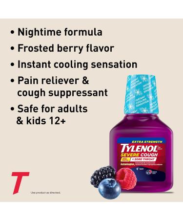 Tylenol Extra Strength Nighttime Cold Medicine - Severe Cough Sore Throat Relief Acetaminophen Dextromethorphan 8 Oz | International Shipping Available - Buy Online on GoSupps.com