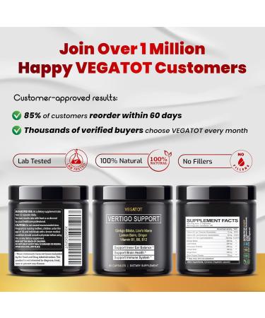 VEGATOT Vertigo Supplement 500mg *Made in USA* with Ginkgo Biloba & Lion's Mane - Inner Ear Balance Support for Dizziness - 90 Count - Buy Online on GoSupps.com