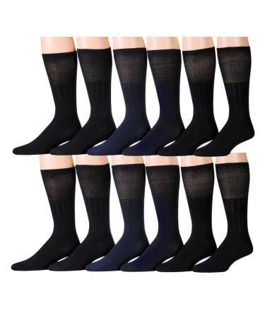 Yacht & Smith 12 Pairs of Men's Diabetic Crew Socks Ringpun Cotton Neuropathy Edema Socks (Black)