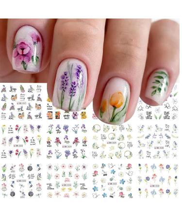 12 Sheet Nail Art Stickers Decals Spring Water Transfer Nail Stickers Decals Watercolor Blossom Flower Butterfly Dragonfly Leaves Designs Nail Accessories for Women Girls Manicure Nail Decoration Style3
