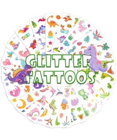 182 Pcs Glitter Dinosaur Temporary Tattoos for Kids  Konsait Waterproof Glitter Tattoo Stickers Kit Fake Tattoos Colorful Dinosaurs Party Birthday Party Supplies 20 sheets