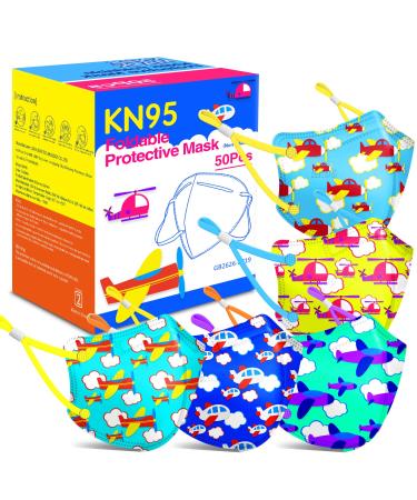 RANTO Kids KN95 Masks for Children 50 Pack, KN95 Mask for Kids 5-Lyers with Adjustable Earloop, Breathable Face Masks for Girls Boys Children Outdoor School A-airplane Pattern