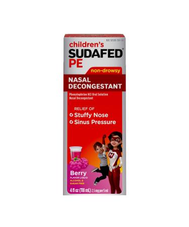Children's Sudafed PE Nasal Decongestant, Liquid Cold Relief Medicine with Phenylephrine HCl, Alcohol Free and Sugar-Free, Berry-Flavored, 4 fl. oz Children's Nasal Decongestant