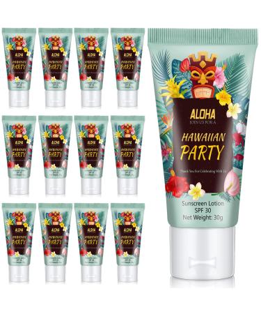 Dansib 12 Pcs Mini Sunscreen Bulk for Valentine Gifts Summer Travel Size Spf 30 Water Resistant Sunblock Sunscreen Lotion Bulk for Valentines Day Favors for Pool Party(Hawaiian Party)