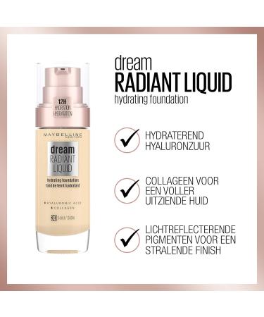 Maybelline Dream Radiant Hydrating Foundation with Hyaluronic Acid & Collagen - 30 Sand | Lightweight Medium Coverage for 12-Hour Hydration - Buy Online on GoSupps.com