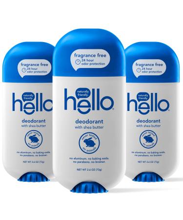 Hello Shea Butter Fragrance Free Deodorant for Women and Men, Unscented, Aluminum Free, Baking Soda Free, Parabens Free, 24 Hour Protection, 2.6 Ounce (Pack of 3)