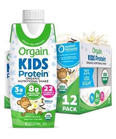 Orgain Organic Kids Protein Nutritional Shake, Vanilla - 8g of Protein, 22 Vitamins & Minerals, Fruits & Vegetables, Gluten Free, Soy Free, Non-GMO, 8.25 Oz, 12 Ct (Packaging May Vary) Vanilla Kids Grass Fed Shakes