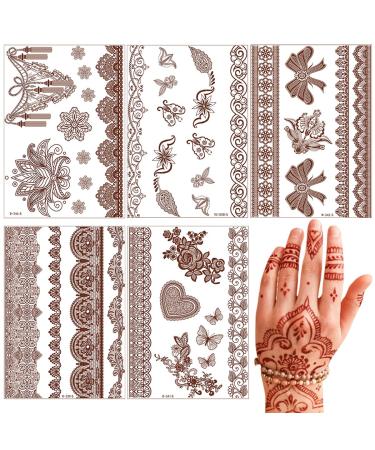 Brown Henna Temporary Tattoo Lace Fake Tattoos Flower Butterfly Heart Waterproof Henna Stickers for Women Girls Face Body Arms Legs Decoration Festive Party Favors Supplies 5 Sheets - Buy Online on GoSupps.com