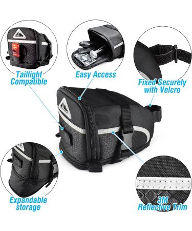 MARQUE Bike Saddle Bag - Expandable Under Seat Storage Pouch for Road, Mountain & Commuter Bikes - Easy to Install with Extra Wide Opening - Cyclist Gift - Buy Online on GoSupps.com
