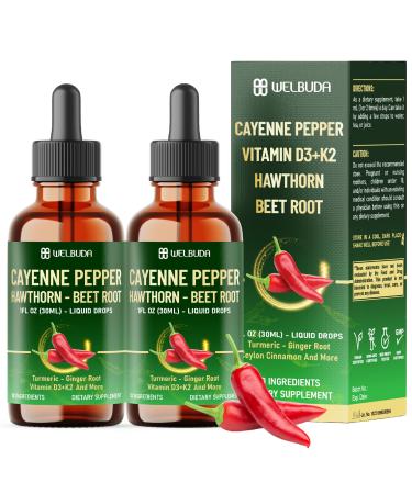 10in1 Cayenne Pepper Supplement with Hawthorn Berry Beet Root Turmeric Ginger Ceylon Cinnamon Berberine Panax Ginseng 2 Pack (60ml Total) - 60Days Supply