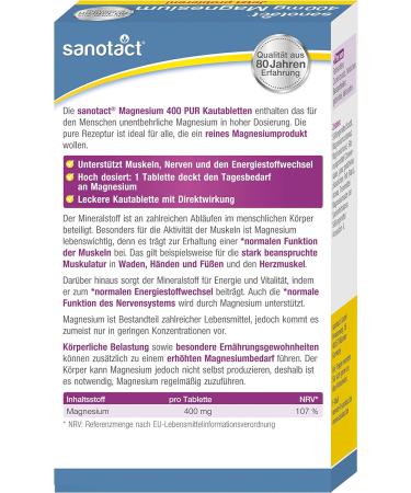 Sanotact Magnesium 400mg PUR - Vegan Chewing Tablets (30) | High-Dose Magnesium for Kids 12+ | Instant Effect | Fruity Lemon Flavor (2 Pack) - Buy Online on GoSupps.com