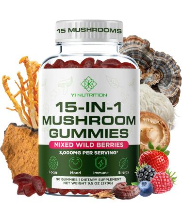 Yi Nutrition 15-in-1 Sugar-Free Mushroom Complex Gummies 10:1 Extract - Lion's Mane Cordyceps Chaga Reishi Turkey Tail Tremella & More for Memory Focus Immunity - 90 Wild Berry Gummies - Buy Online on GoSupps.com