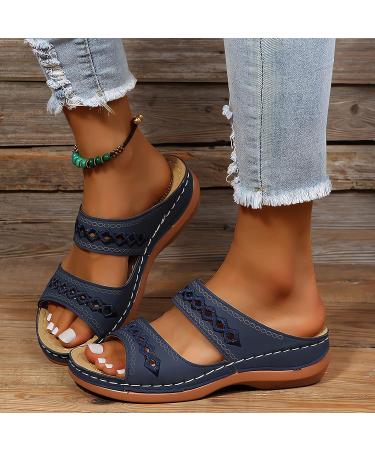 2023 Women's Orthopedic Arch Support Sandals - Blue Leather Diabetic Walking Wedge Sandals for Wide Width Comfort - Buy Online on GoSupps.com