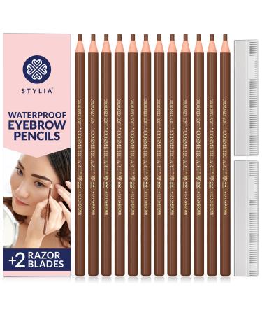 Stylia Waterproof Eyebrow Pencil Set (12 Pieces - Light Brown) Eyebrow Pen-cil Eye Brow Pencils for Women Makeup Microblading Long Lasting Eyebrow Pencil Eyebrow Liners for Shapes Filling