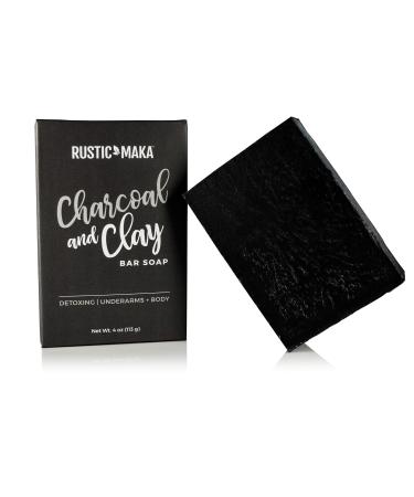 Rustic Maka Activated Charcoal + Clay Natural Soap Bar, DETOX + CLEANSE, for Acne, Problem Skin, Excess Oil Control, Face, Body and Underarm Detox, Oily to Normal Skin
