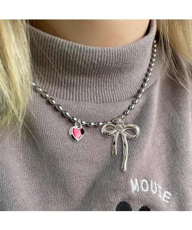 Shop OralGos Vintage Heart Bow Pendant Necklace | Cute Choker Pearl Collar Fashion Clavicle Chain - International Shipping Available - Buy Online on GoSupps.com