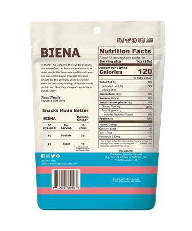 BIENA Chickpea Snacks Himalayan Pink Salt 12oz - Gluten Free, Vegan, Dairy Free & Plant-Based Protein - Buy Online on GoSupps.com