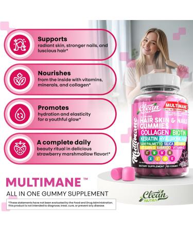 Clean Nutraceuticals Biotin Collagen Keratin Gummies | Hair Skin and Nails Vitamins for Women | Hyaluronic Acid Bamboo Vitamin A C D3 E Folate with Saw Palmetto Silica B3 B12 Vegan Gummy - Buy Online on GoSupps.com