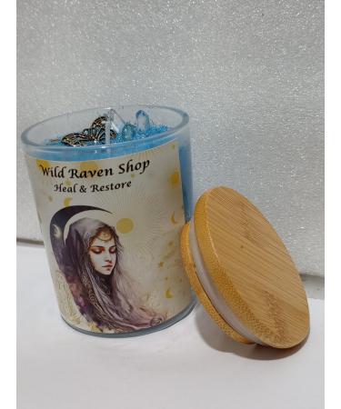 Heal Restore Intention Candle Aromatherapy Scented Soy candle Reiki infused with herbs and crystals Spiritual Ritual Metaphysical Meditation Chakra Blue