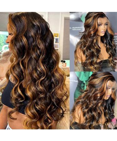 Arabella 24inch Highlight Ombre Lace Front Wig Human Hair 13x4 HD Transparent 1B/30 Honey Blonde Lace Front Wig Human Hair Pre Plucked Colored Wigs Human Hair 180% Density Body Wave Lace Front Wig Human Hair 24 Inch 13x4...