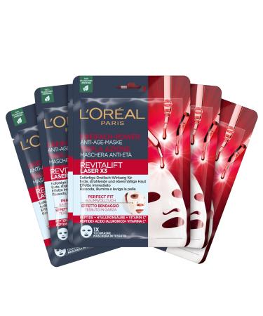 L'Or al Paris Anti-Age mask for radiant and even skin with peptides hyaluronic acid and vitamin C Revitalift Laser X3 Tuchmask 5 pieces - Buy Online on GoSupps.com