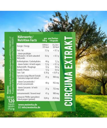 MeinVita Curcuma - 100% Vegan Turmeric Supplement - High Dose 98% Curcuminoids + Piperine - 120 Capsules for Optimal Health - Buy Online on GoSupps.com