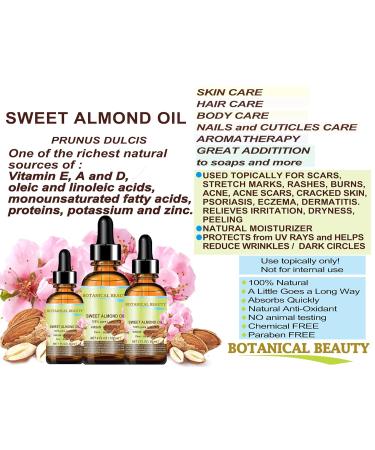 Botanical Beauty Sweet Almond Oil - 100% Pure Natural Virgin Unrefined Cold Pressed Carrier Oil for Face Skin Body Hair & Nails - 4 Fl. oz (120 ml) - Ideal for Massage & Skincare - Buy Online on GoSupps.com