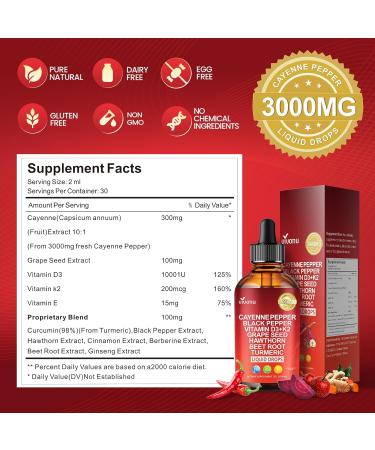 Cayenne Pepper Drops Supplement Liquid + Liposomal Tech 98% Absorption Supports* Leg Vein Heart & Blood Vessel* Health + Vitamin E D3+K2 & Extracts of Grape Seed Hawthorn Beetroot Berberine - Buy Online on GoSupps.com