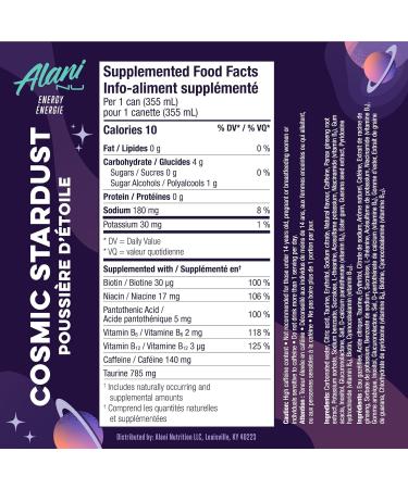 Alani Nu COSMIC STARDUST Sugar Free Low Calorie Energy Drinks | 140mg Caffeine | Pre Workout Performance with Antioxidants | Biotin B Vitamins | Zero Sugar | 10 Calories | 355mL (12 Pack) - Buy Online on GoSupps.com