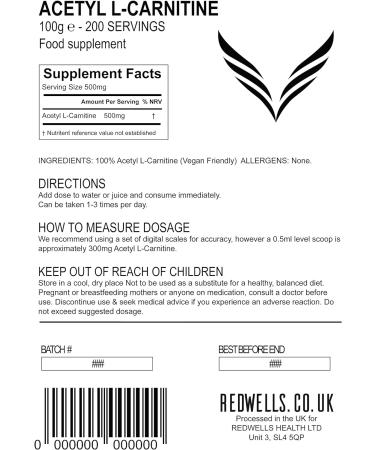 Acetyl L-Carnitine Powder (ALCAR) REDWELLS Premium Quality Vegan - 100g Pack 100 g (Pack of 1) - Buy Online on GoSupps.com