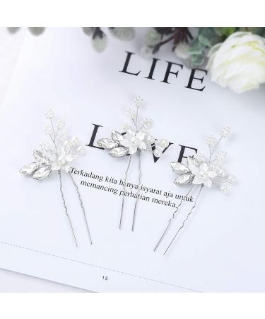 Crystal Bride Wedding Hair Pins - Silver Flower Bridal Headpiece with Pearl Accents - Pack of 3 - Buy Online on GoSupps.com