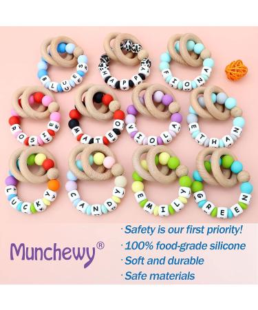 Personalized Teether Rattle Ring with Baby Name | Food Grade Silicone Sensory Chew Bracelet | Organic Beech Wood Teething Rings | Boy Girl Teething Toy - Buy Online on GoSupps.com