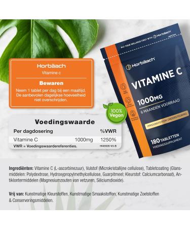 Vitamin C 1000 mg pro tablet 6 Month Supply 180 Vegan Tablets Immune system from Horbaach - Buy Online on GoSupps.com