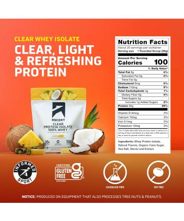 Ascent 100% Clear Whey Protein Powder - Post Workout Whey Protein Isolate Zero Artificial Flavors & Sweeteners Gluten Free 5.5g BCAA 2.1g Leucine Essential Amino Acids Pineapple Coconut 20 Serv Pinapple Coconut 18.3  - Buy Online on GoSupps.com