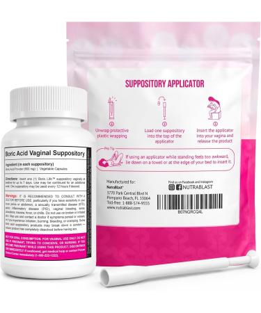 NutraBlast Boric Acid Vaginal Suppositories 600mg - 30 Suppositories & 15 Applicators - Made in USA - Buy Online on GoSupps.com