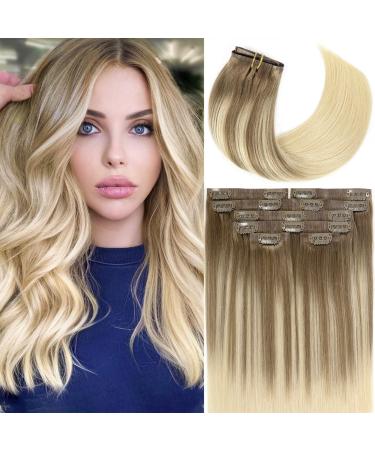Lacer Ultra Thin Weft Seamless Hair Extensions Clip in Human Hair Double PU Skin Weft Light Brown Fading to Platinum Blonde 100% Human Hair Clip in Hair Extensions 7pcs 110g with 16 Clips 14 Inch 14 Inch (Pack of 1) B#8/60…