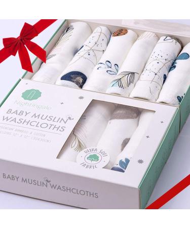 Muslin Bamboo Baby Washcloths - Soft Organic Baby Wash Cloths Perfect for Newborn Sensitive Skin - Absorbent Baby Wipes, Burp Cloths or Face Towels - Set of 6-12x12 in(Feathers)