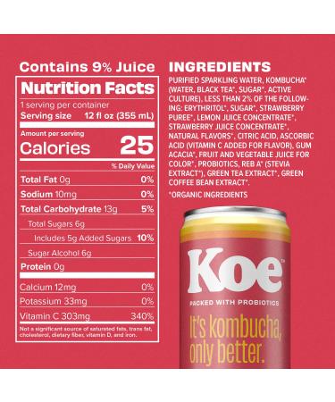 Organic Koe Kombucha Cans - Strawberry Lemonade | 12 oz Pack of 12 | Sparkling Probiotic Drink with Vitamin C - Buy Online on GoSupps.com