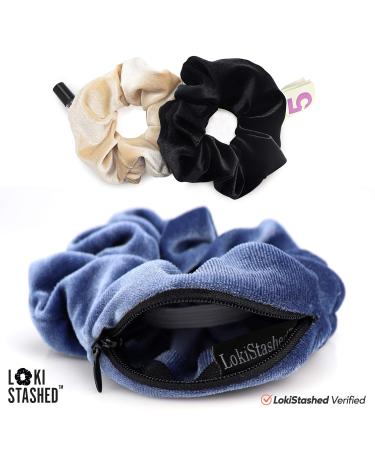 LokiStashed 3-PACK Velvet Hair Tie Scrunchies with Hidden Zipper Pocket - Navy Tan Black - Buy Online on GoSupps.com