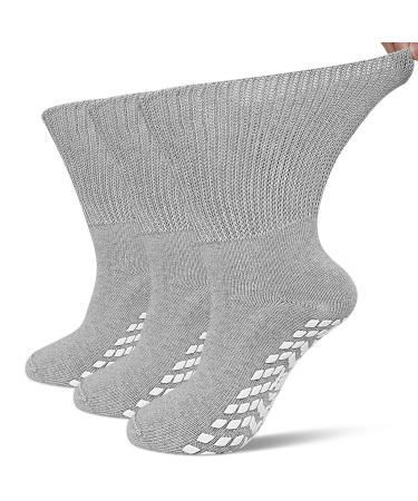 Diabetic Socks for Men Women: Non-Binding Edema Socks - Crew Extra Wide Top Sock with Grips Non Slip Hospital Socks for Swollen Feet 3 Pairs 9-11 10-13 13-15 Gray Large