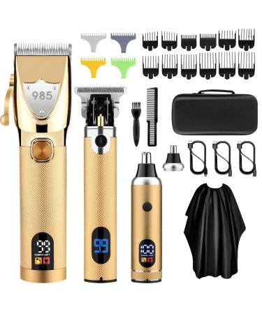 Professional Hair Clippers for Men Electric Cordless Clippers and Trimmers Set Nose Hair Beard Trimmer Hair Cutting Barber Clippers with Guards T Liners Edgers Clippers for Mens (Gold)
