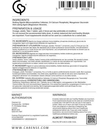 Carense Pharmaceutical | Manganese 14 mg | 120 Tablets (4 Month Supply) | Improves Bone Health. - Buy Online on GoSupps.com