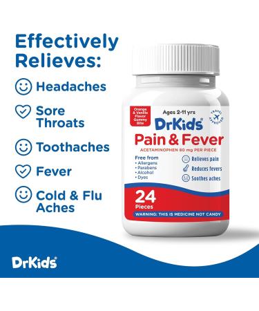 Dr. Kids Children s Pain and Fever Gummy Bite - Chewable Acetaminophen for Kids Ages 2-11 Pre-Measured Soft Chews for Headache Sore Throat Cold and Flu Orange Vanilla Flavor 24 Count 24 Count (Pack of 1) - Buy Online on GoSupps.com