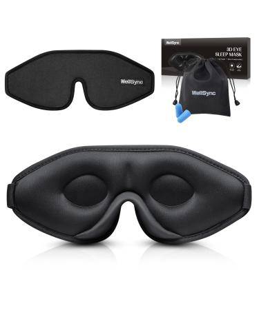 Wellsync Sleep Mask 100% Blackout Eye Sleeping Cover Comfortable Contoured Eye Cups and Nose Covering for Women Men 3D Pillowy Soft Light Blocking Eye Masks 0 Pressure on Eyelashes w/Earplugs Black