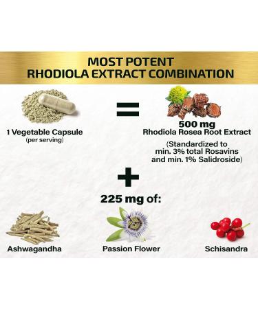 Rhodiola Rosea 500mg Supplement with Ashwagandha & Passion Flower - Stress Relief & Energy Pills - Buy Online on GoSupps.com